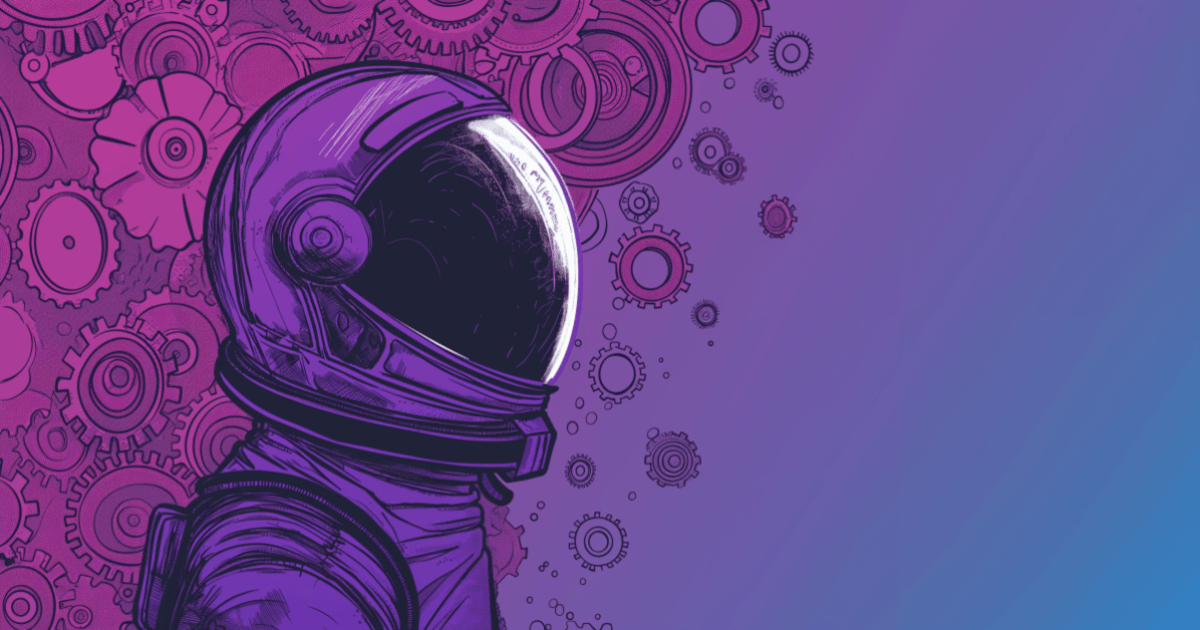 A domain expert represented as an astronaut watching change propagate across organizations as energy through machine cogs.